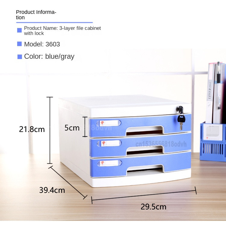 Product information: 3-layer file cabinet with lock, blue/gray, model 3603, dimensions shown